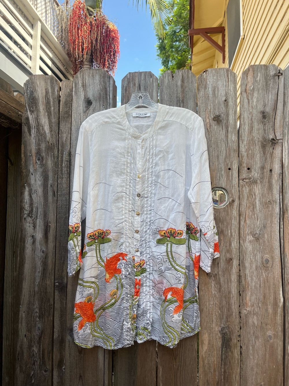 Citron Santa Monica Shear white embroidered  Koi fish blouse